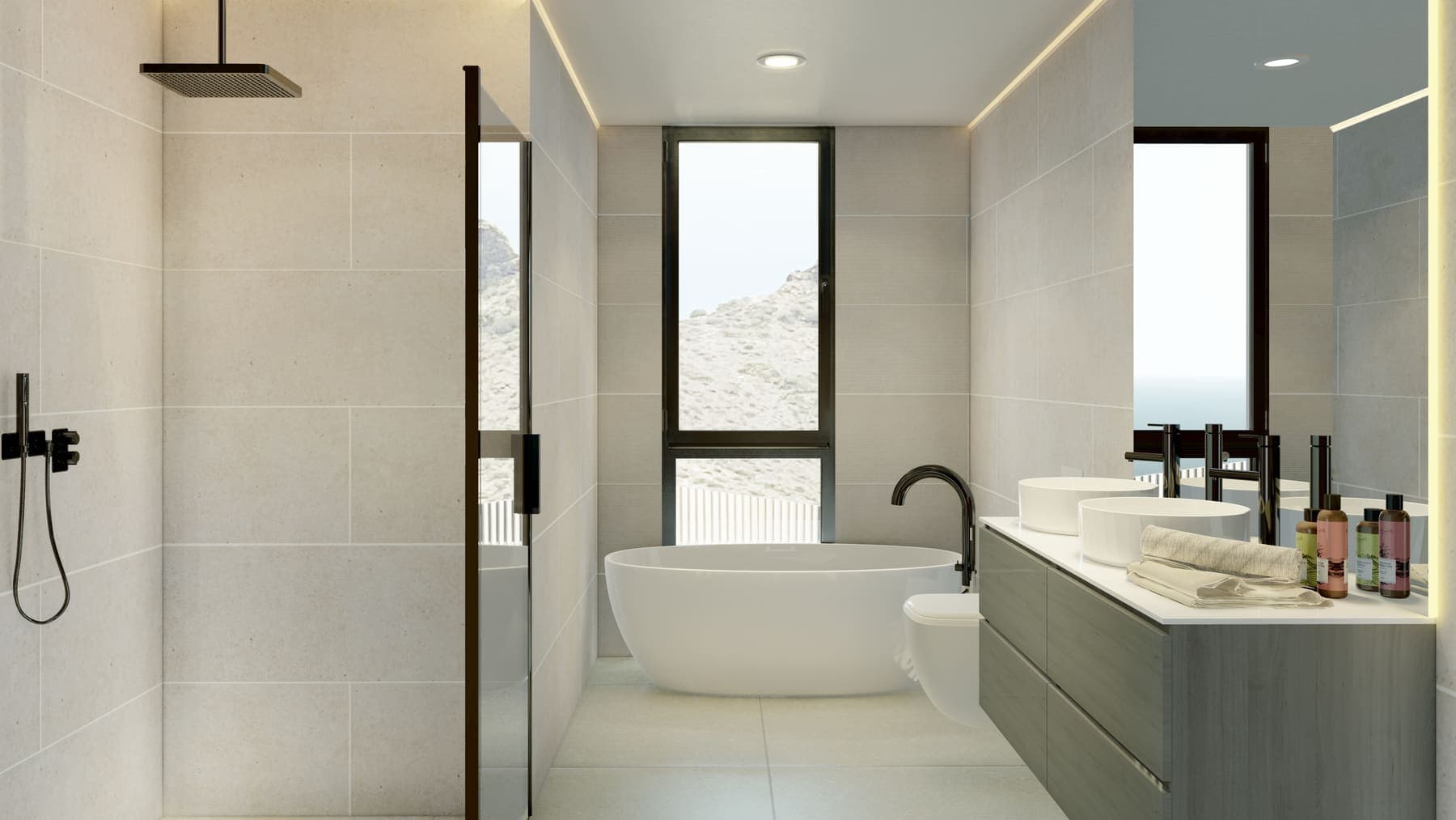 Baño principal con bañera exenta y ventanal a la ladera en vivienda de Urbara