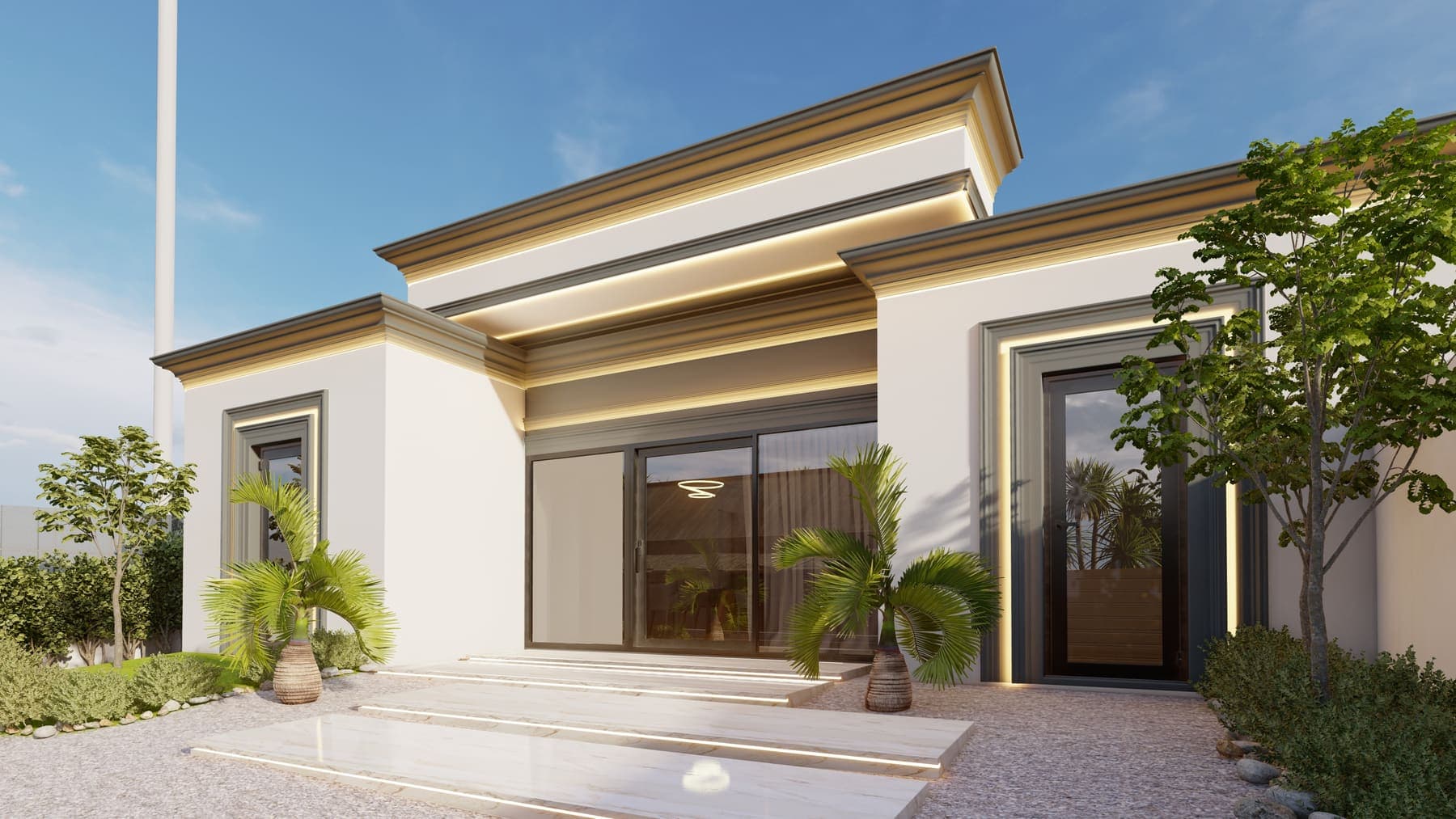 Fachada de vivienda unifamiliar de estilo clásico contemporáneo con molduras iluminadas, proyecto Urbara