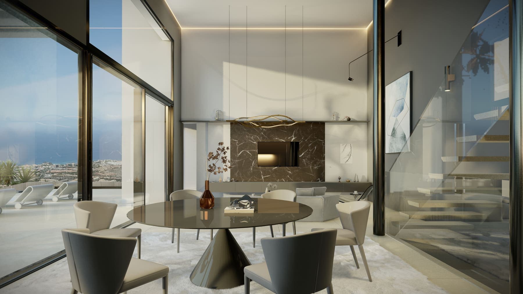 Comedor de doble altura con ventanales al mar en una vivienda proyectada por Urbara en Tenerife