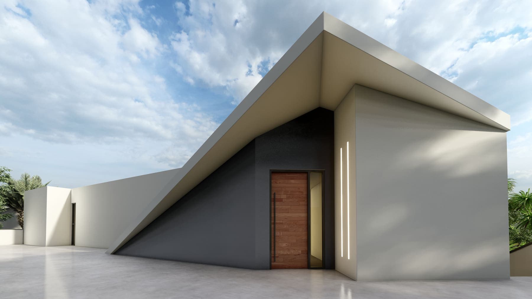 Volumen escultórico de vivienda minimalista con puerta de madera, proyectada por Urbara en Tenerife